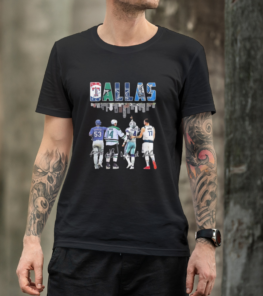 Texas Rangers Garcia Dallas Stars Benn Dallas Cowboys Prescott Dallas Mavericks Doncic Signatures Skyline T-Shirt