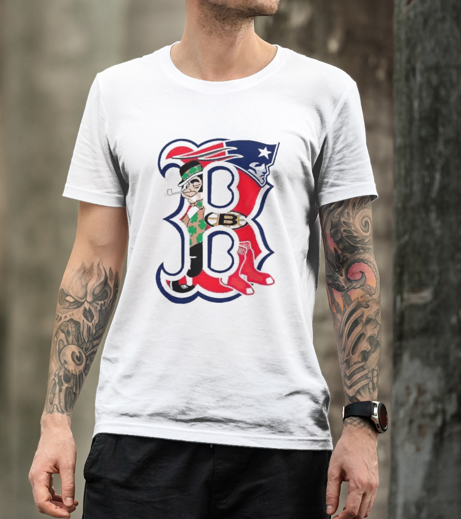 Boston Red Sox B Mashup With Patriots Bruins Celtics Symbols T-Shirt