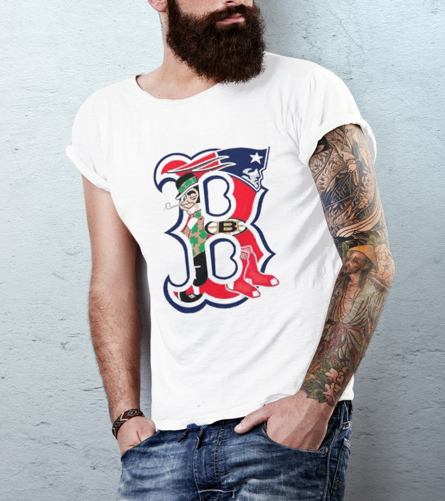 Boston Red Sox B Mashup With Patriots Bruins Celtics Symbols T-Shirt