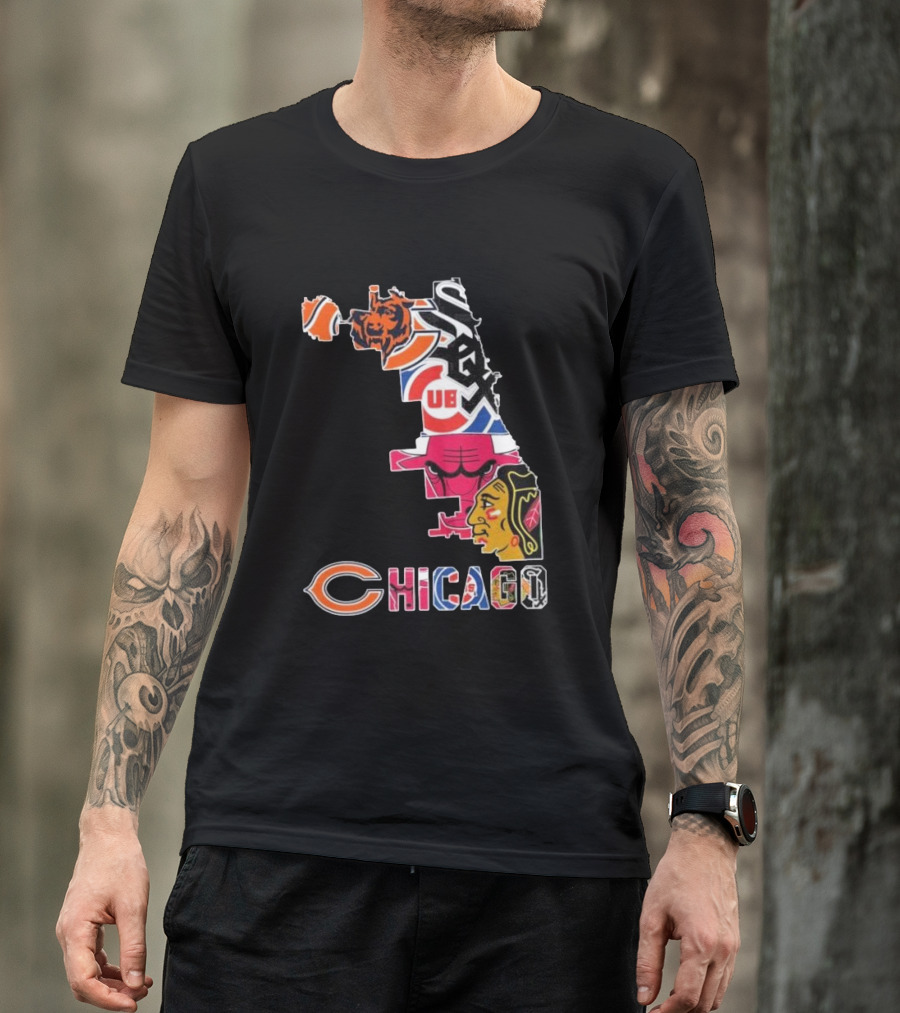 Chicago Cubs White Sox Bulls Bears Blackhawks Maps T-Shirt