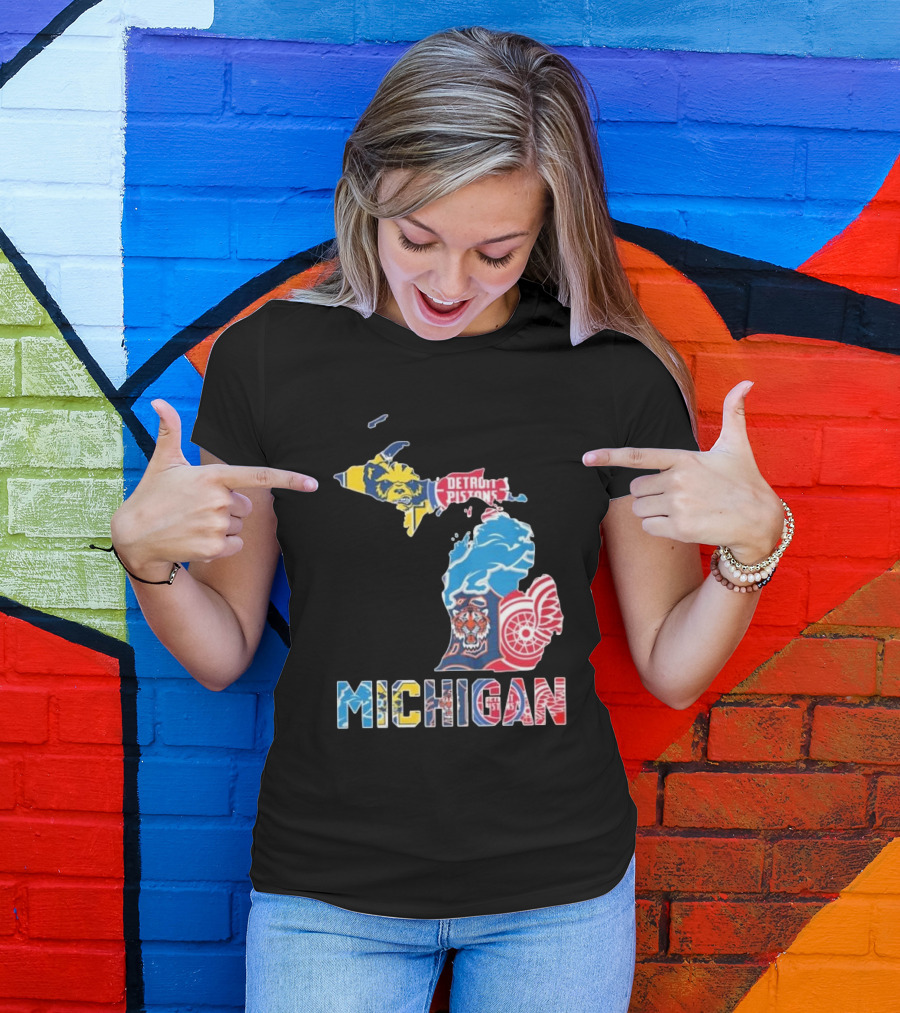 Michigan Wolverines Detroit Tigers Lions Pistons Red Wings Map T-Shirt