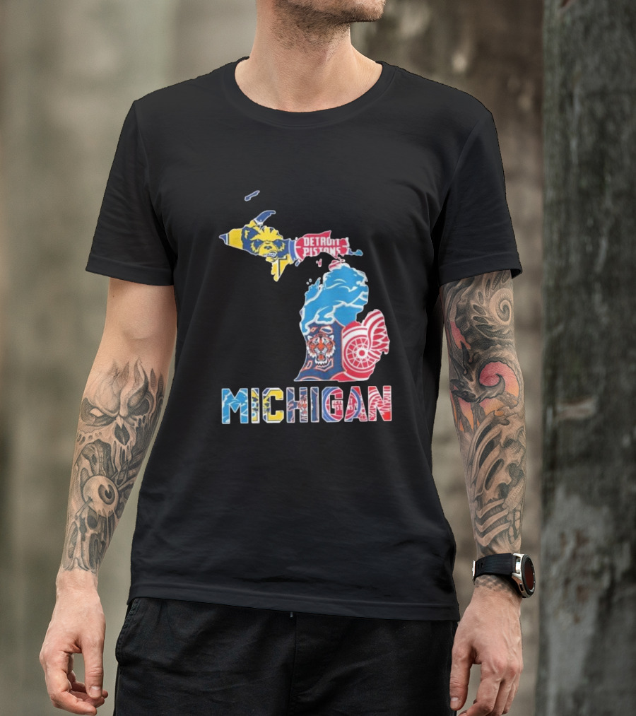 Michigan Wolverines Detroit Tigers Lions Pistons Red Wings Map T-Shirt