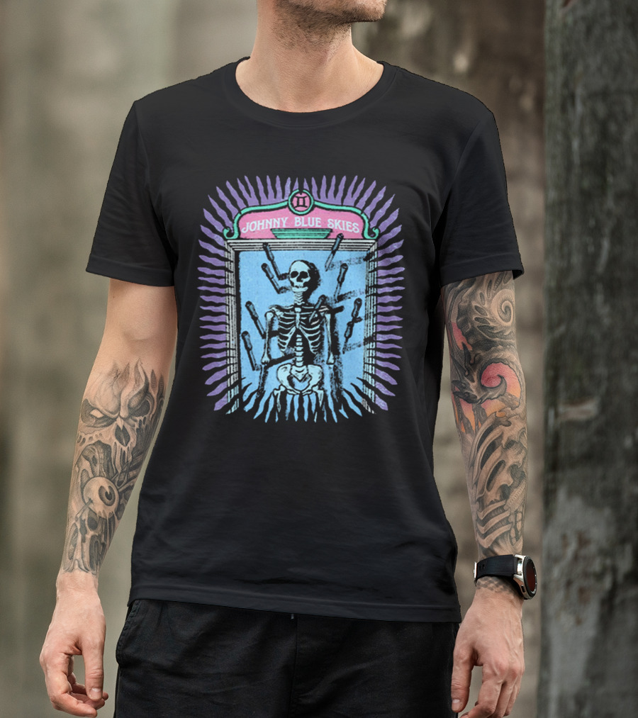 Johnny Blue Skies Skeleton Framed With Knives And Purple Aura T-Shirt
