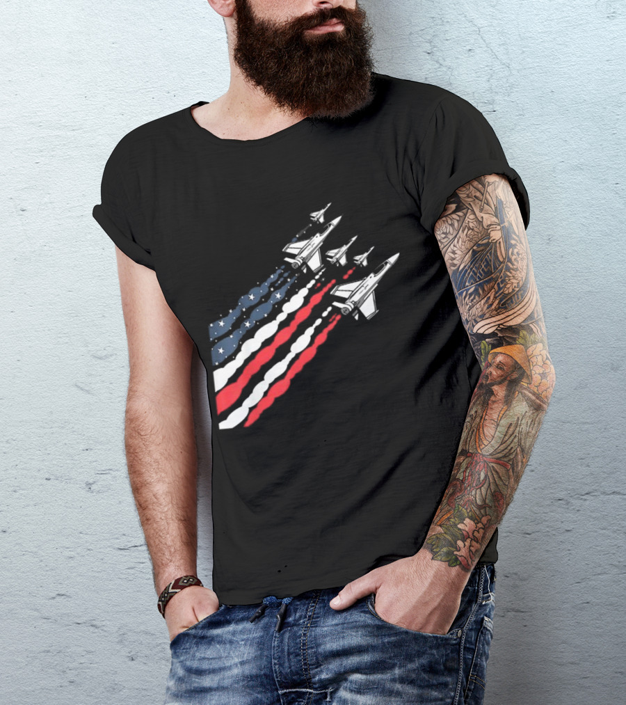 Vintage Patriotic Fighter Jet Airplane With American Flag Trail T-Shirt