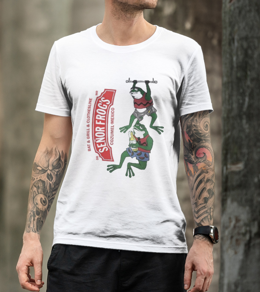 Senor Frog's Cozumel Mexico Bar And Grill Clothesline With Frogs In Striped Shirts And Shorts With Beer And Weights T-Shirt