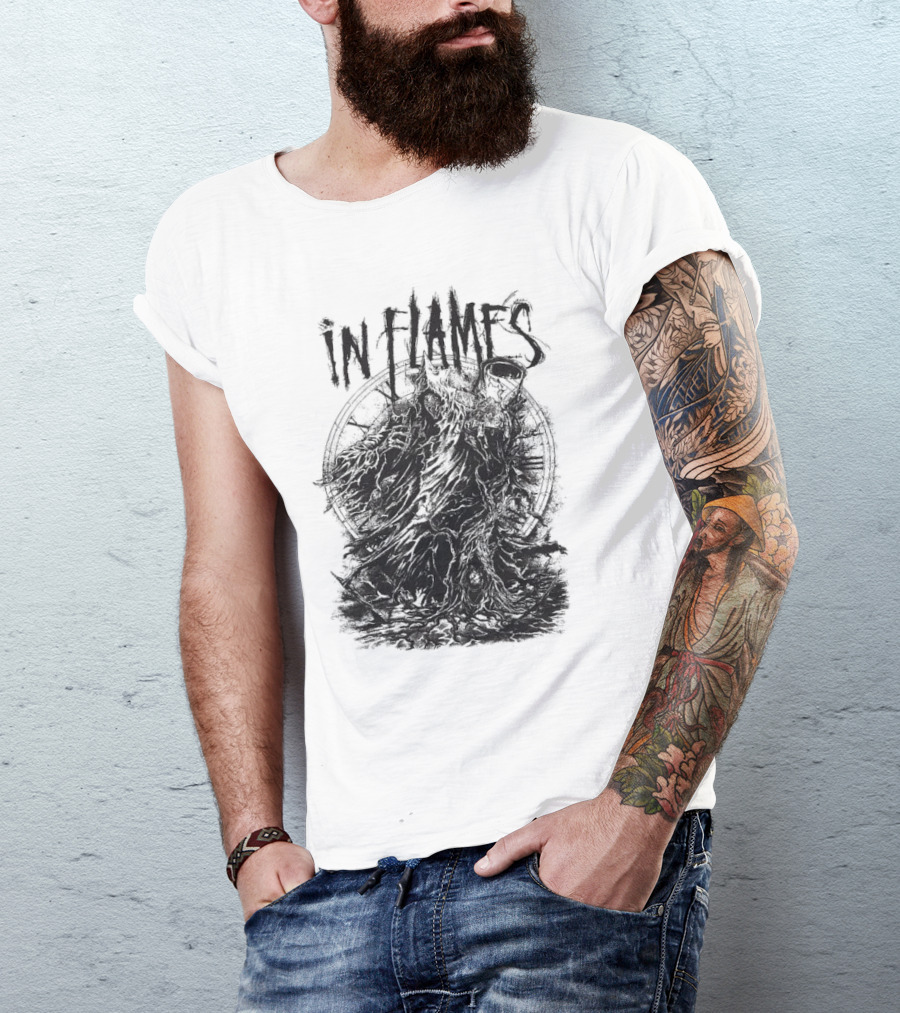 In Flames Cloaked Ghoul Dark Shrouded Figure With Clock Background T-Shirt