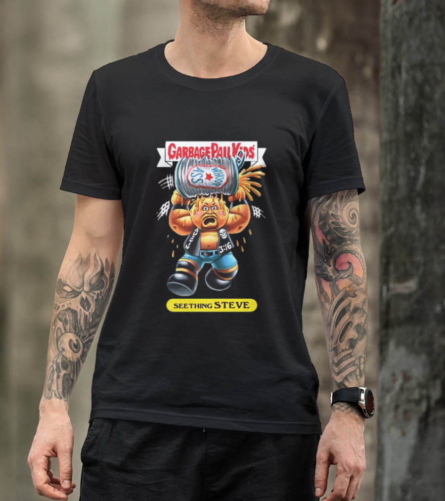 Garbage Pail Kids Seething Steve 3:16 Parody Character With Exploding Trash Can T-Shirt