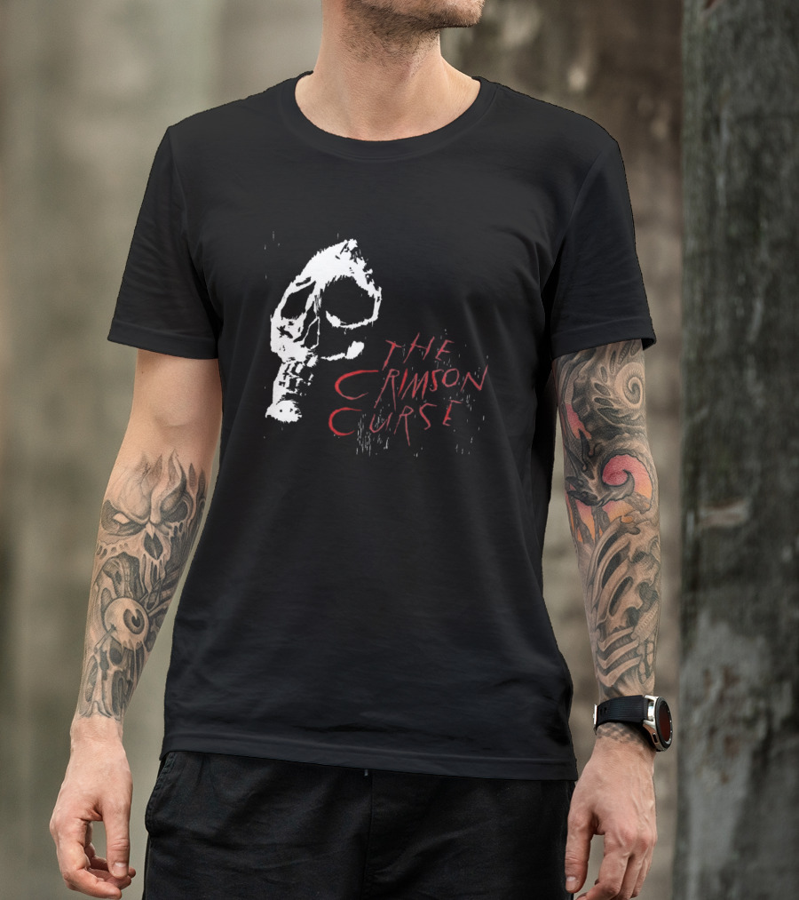 The Crimson Curse Skull White And Red Text With Skull T-Shirt
