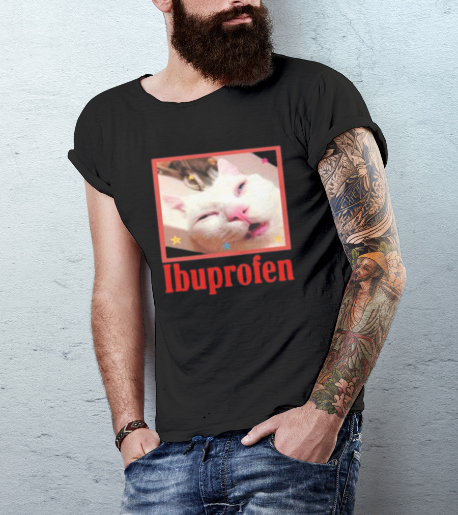 Ibuprofen Meme Cat With Distorted Face And Stars T-Shirt
