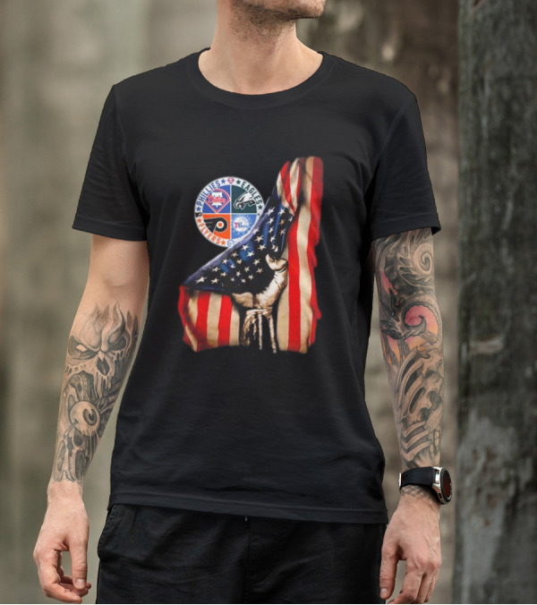Philadelphia Phillies Eagles Flyers 76ers Hand Pulling American Flag T-Shirt
