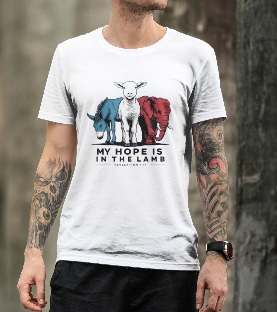 My Hope Is In The Lamb Revelation 7:17 With Blue Donkey Black Lamb Red Elephant T-Shirt