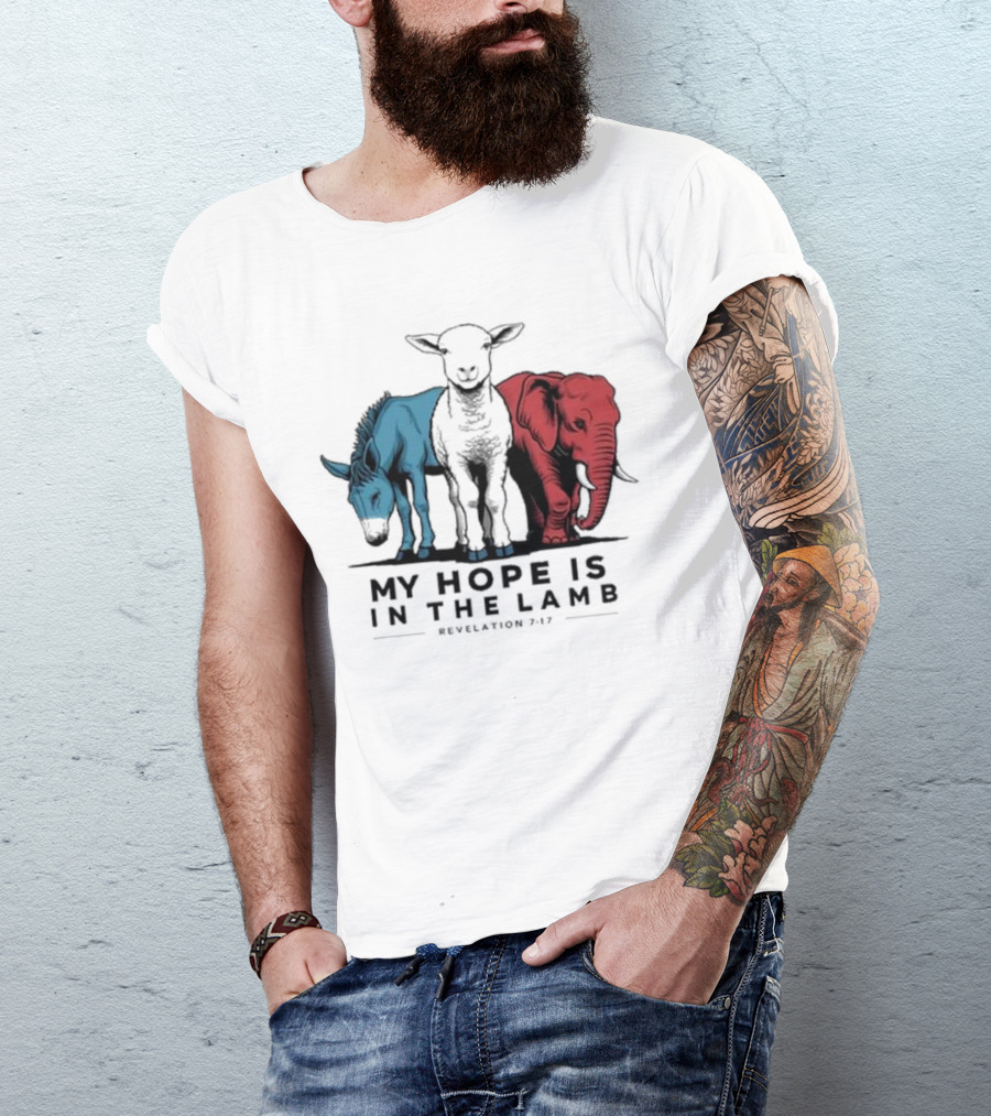My Hope Is In The Lamb Revelation 7:17 With Blue Donkey Black Lamb Red Elephant T-Shirt