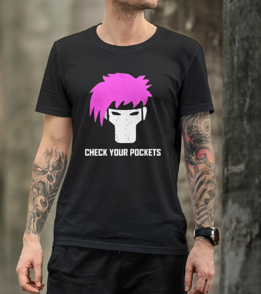 Check Your Pockets Pink Hair Masked Face T-Shirt