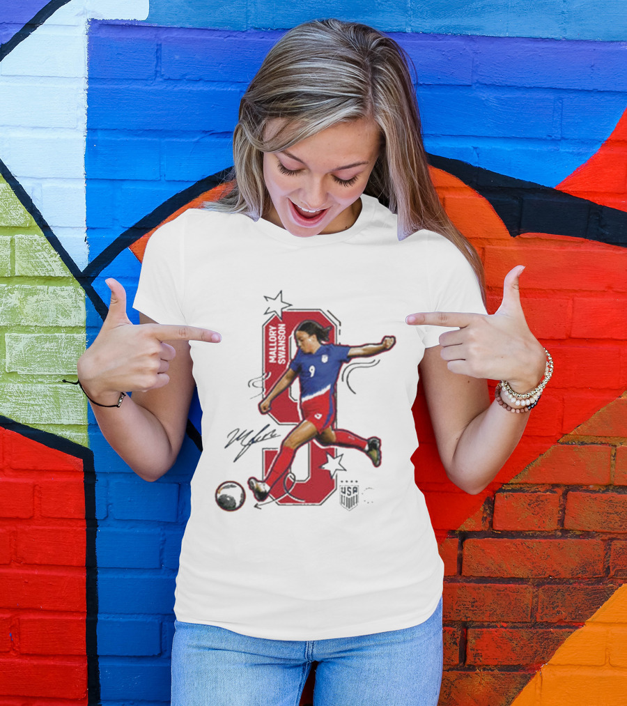 Mallory Swanson Number 9 USWNT Signature Red And Blue Player Action T-Shirt