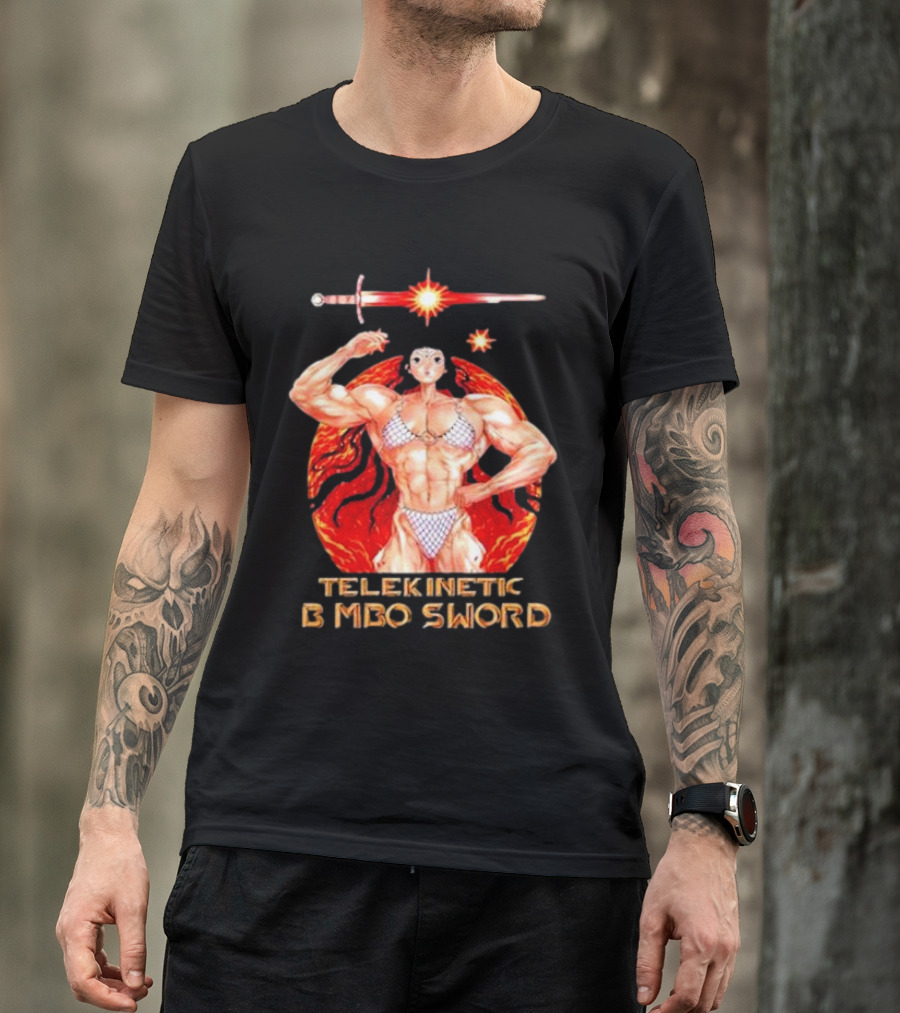 Reweki Telekinetic Bimbo Sword Muscle Warrior With Flaming Background T-Shirt