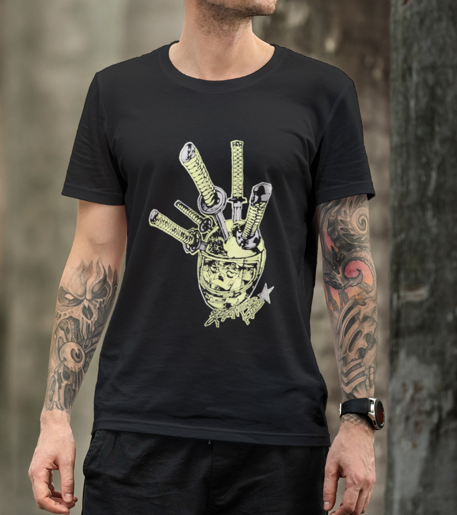 Oremob Katana Helmet Graphic With Star And Japanese Characters T-Shirt