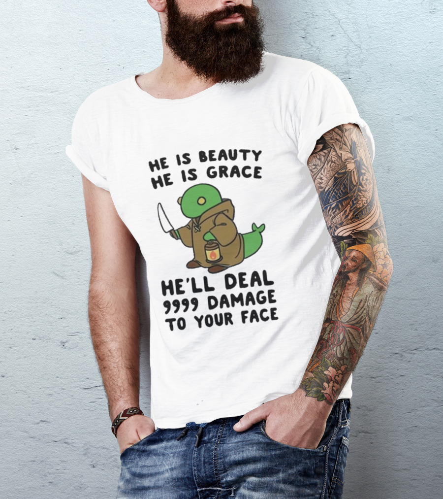 He Is Beauty He Is Grace He’ll Deal 9999 Damage To Your Face Lantern-Wielding Creature In Brown Robe With Knife T-Shirt