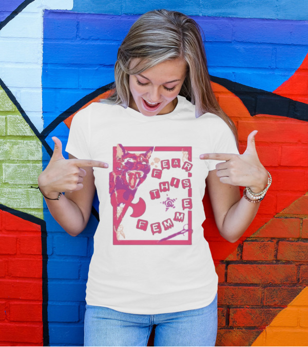 Fear This Femme Cat And Axe Retro Typography Pink Acid Wash T-Shirt