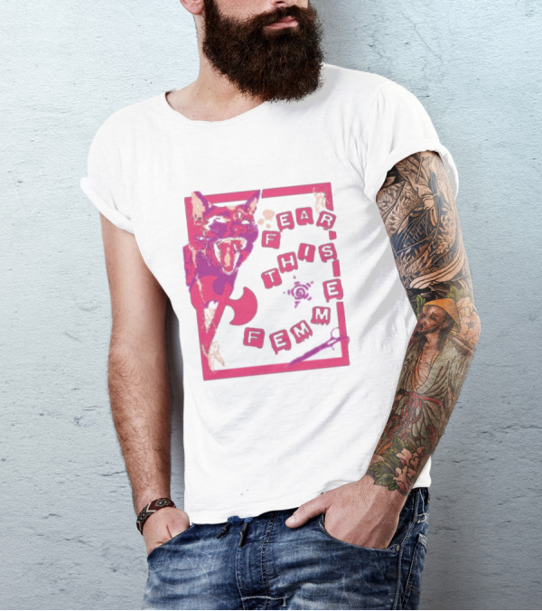 Fear This Femme Cat And Axe Retro Typography Pink Acid Wash T-Shirt
