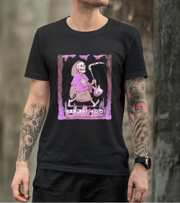Blink-182 Grim Reaper Skeleton With Guitar Flame Border T-Shirt