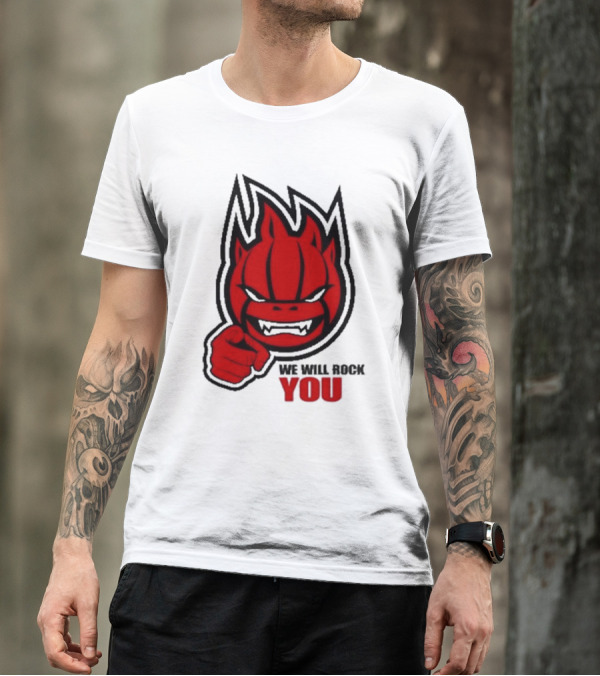 Sir Safety Perugia We Will Rock You Red Flame Character With Pointing Finger T-Shirt
