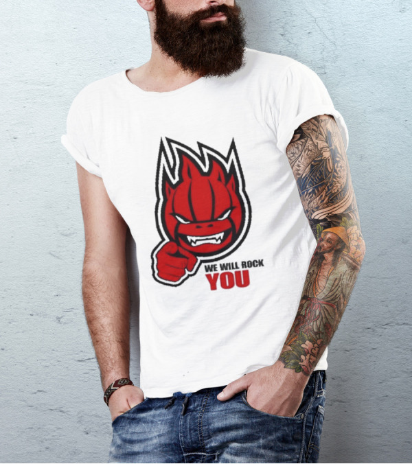 Sir Safety Perugia We Will Rock You Red Flame Character With Pointing Finger T-Shirt