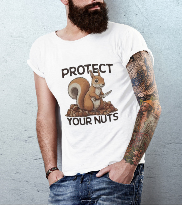 Protect Your Nuts Squirrel Holding Knife Surrounded By Nuts T-Shirt
