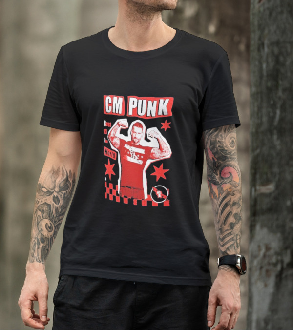 CM Punk Best In The World Star Power Flex Pose Red Stars Checker T-Shirt