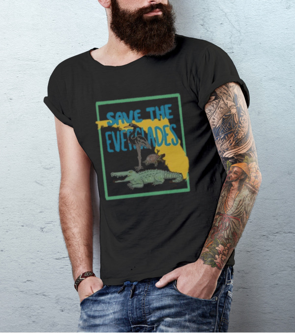 Gators Daily Save The Everglades Florida Map With Alligator, Heron, And Turtle T-Shirt