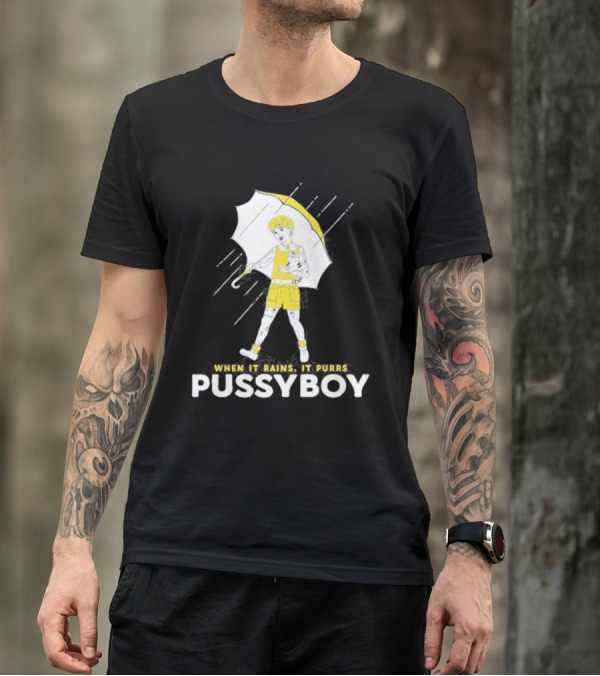 When It Rains It Purrs Pussyboy Umbrella Yellow T-Shirt