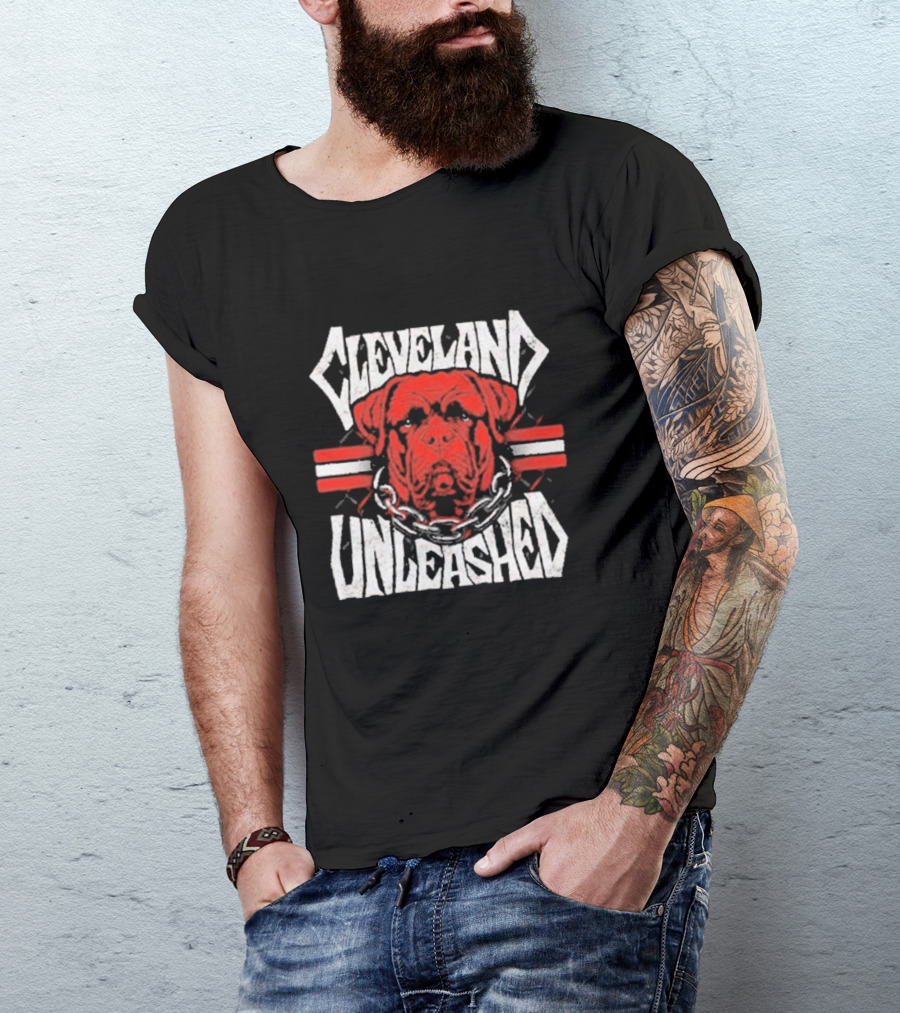 Cleveland Unleashed Dog With Chains And Stripes T-Shirt