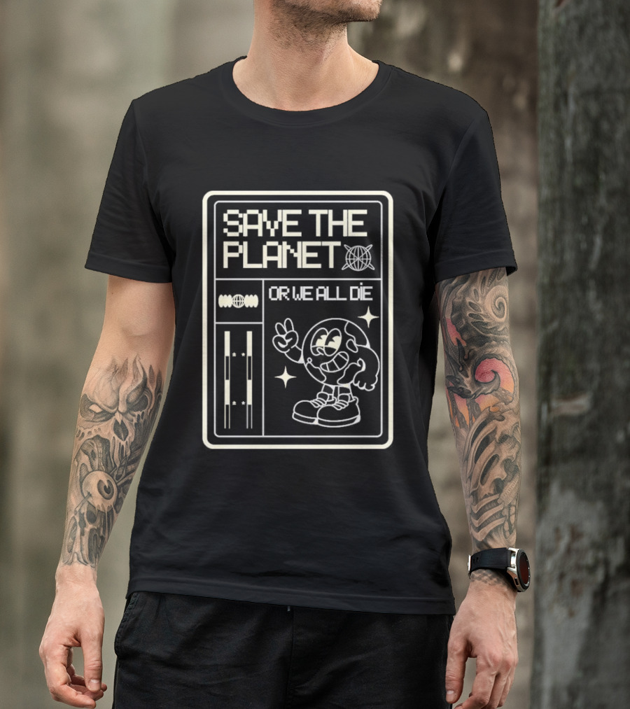 SAVE THE PLANET OR WE ALL DIE Retro Cartoon Character With Peace Gesture T-Shirt