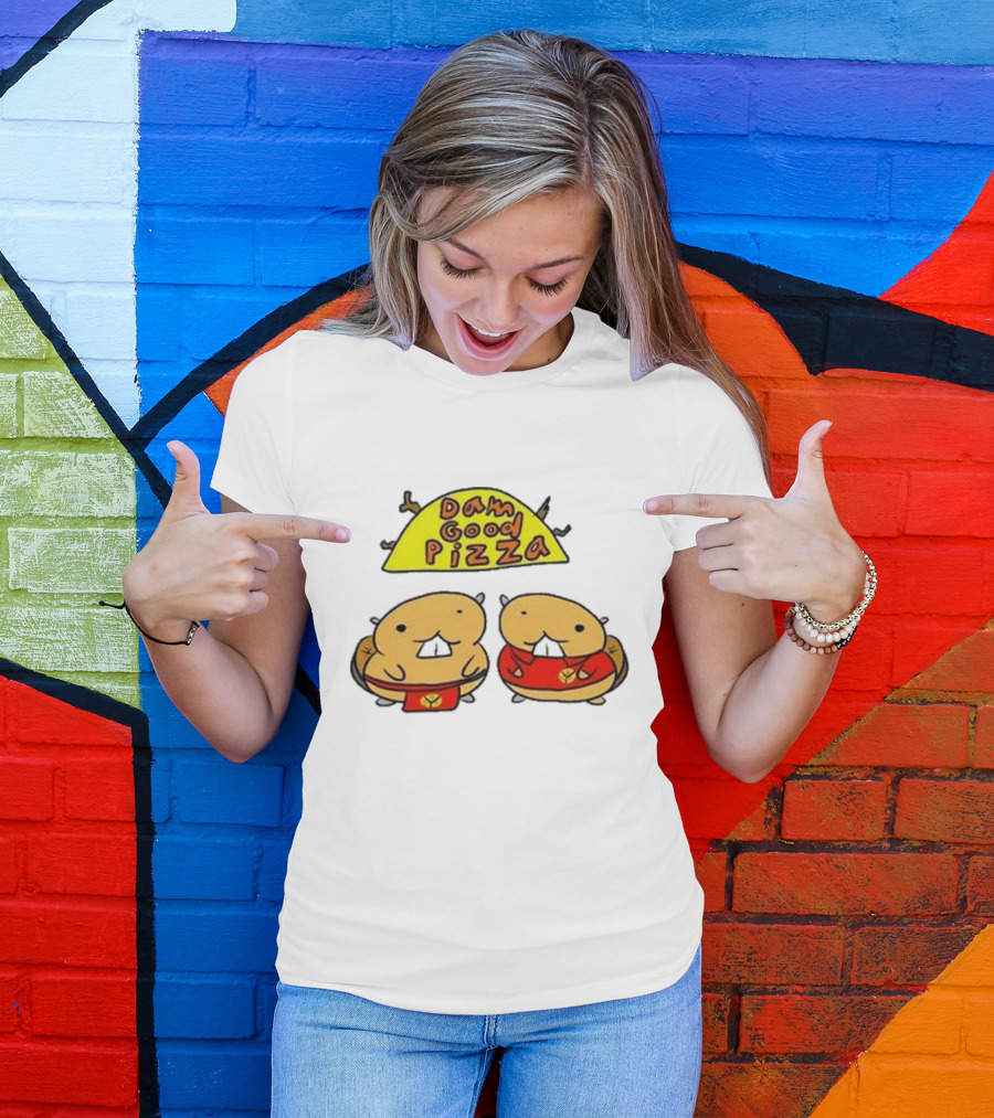 Dam Good Pizza Beaver Characters Duo In Red With Iconic Yellow Cheese Slice T-Shirt