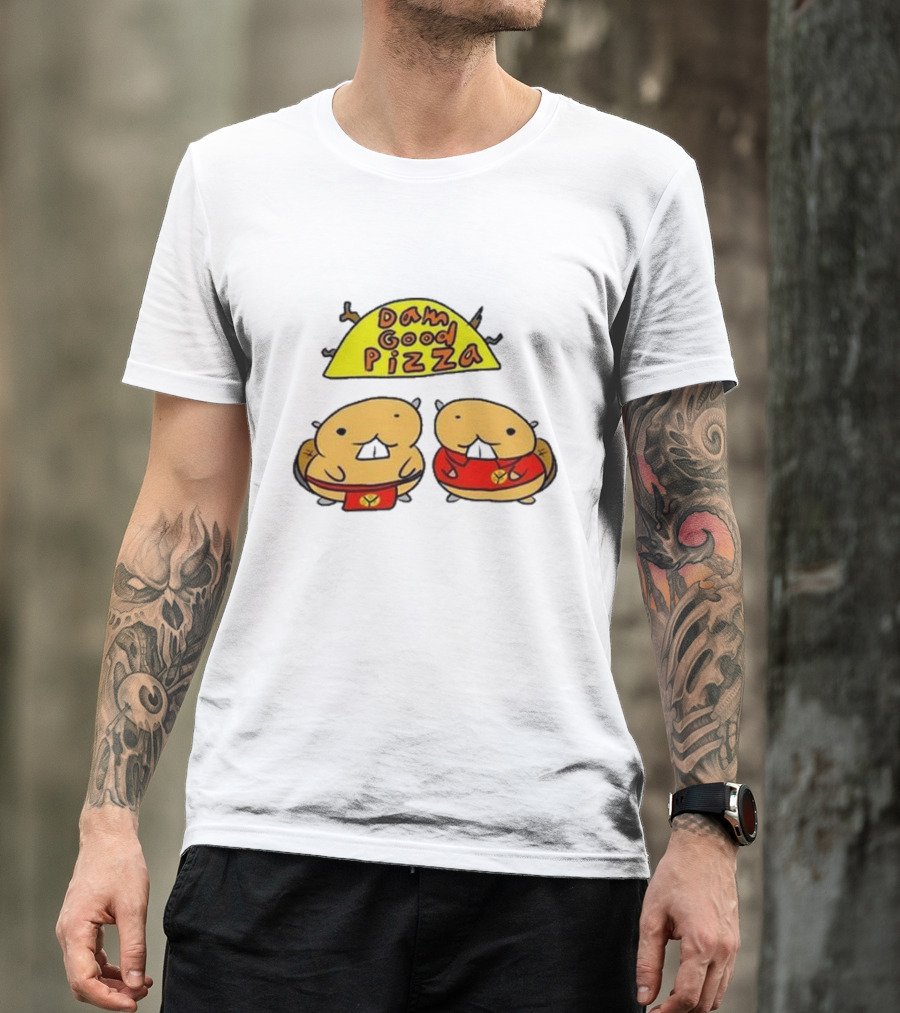 Dam Good Pizza Beaver Characters Duo In Red With Iconic Yellow Cheese Slice T-Shirt