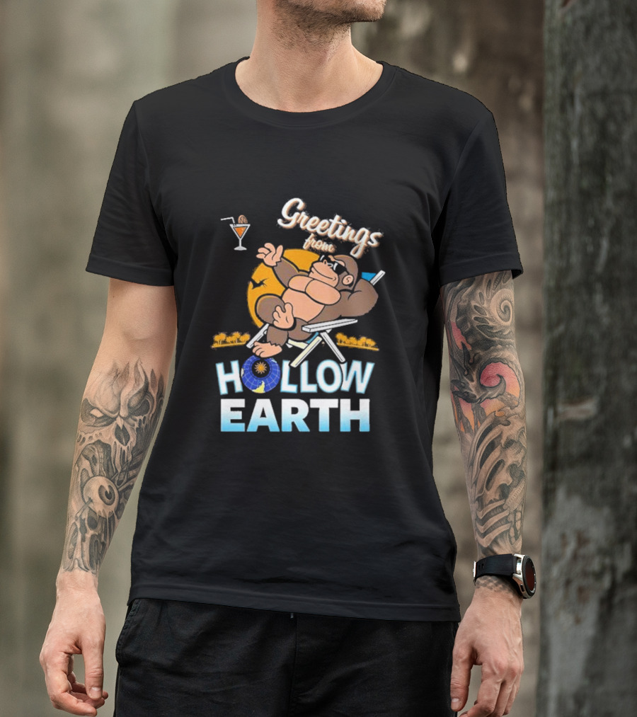 Greetings From Hollow Earth Giant Monster Relaxing With Tropical Cocktail T-Shirt