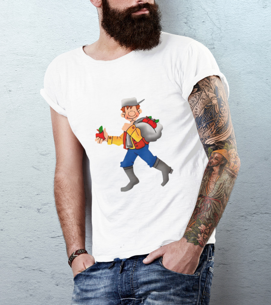 Johnny Appleseed Cartoon Character With Apple Backpack T-Shirt