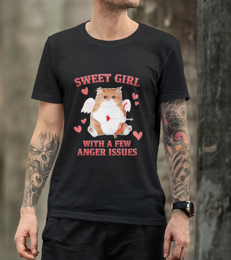 Sweet Girl With A Few Anger Issues Cat With Bow And Arrow Vintage Hearts T-Shirt