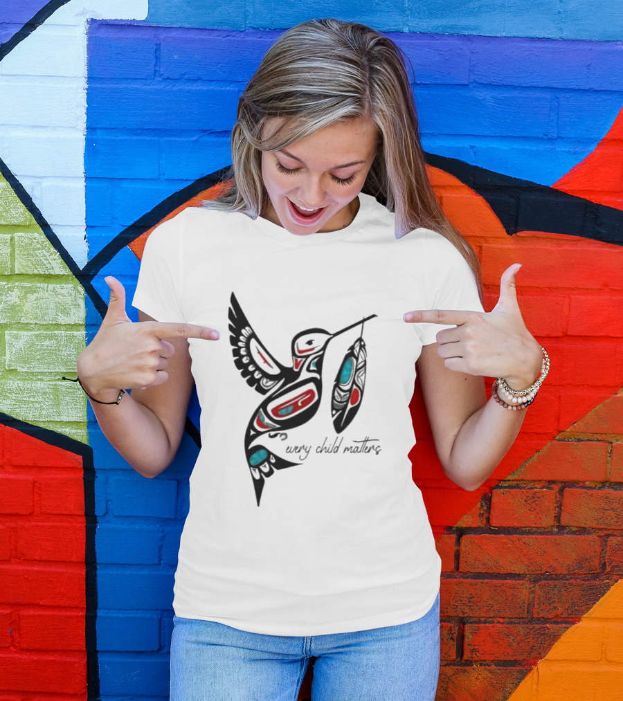 Every Child Matters Indigenous Hummingbird Feathers Orange Day T-Shirt