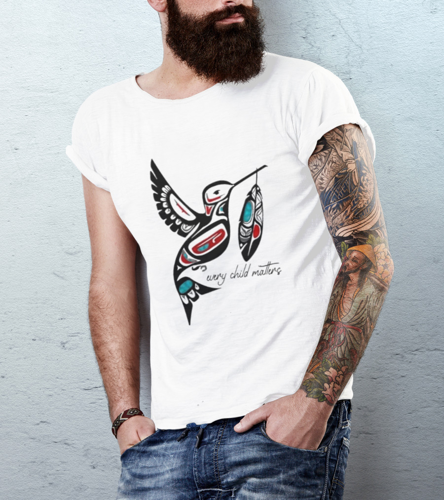 Every Child Matters Indigenous Hummingbird Feathers Orange Day T-Shirt