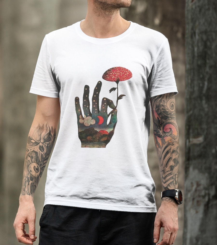 Fly Agaric Psychedelic Hand With Night Sky And Moon T-Shirt