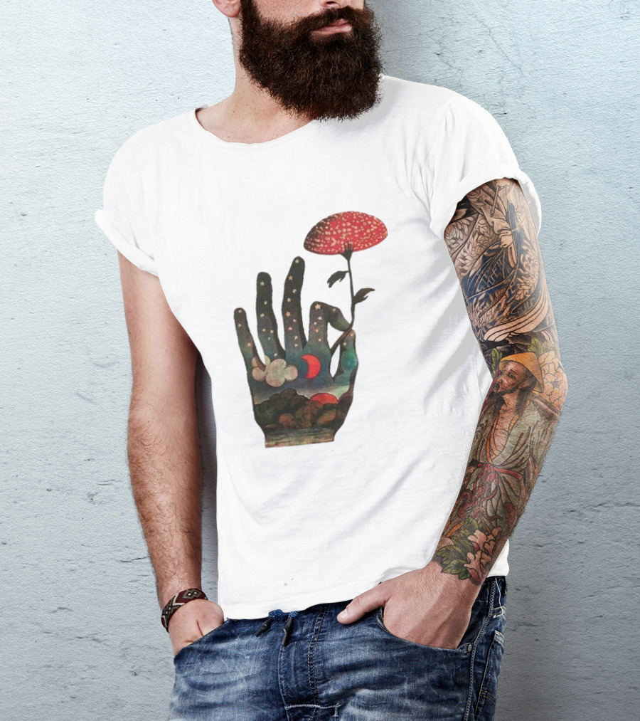 Fly Agaric Psychedelic Hand With Night Sky And Moon T-Shirt