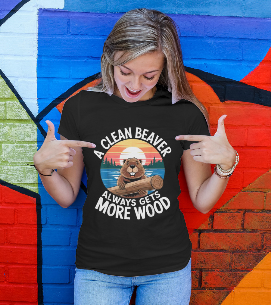 A Clean Beaver Always Gets More Wood Vintage Sunset Beaver Holding Log T-Shirt