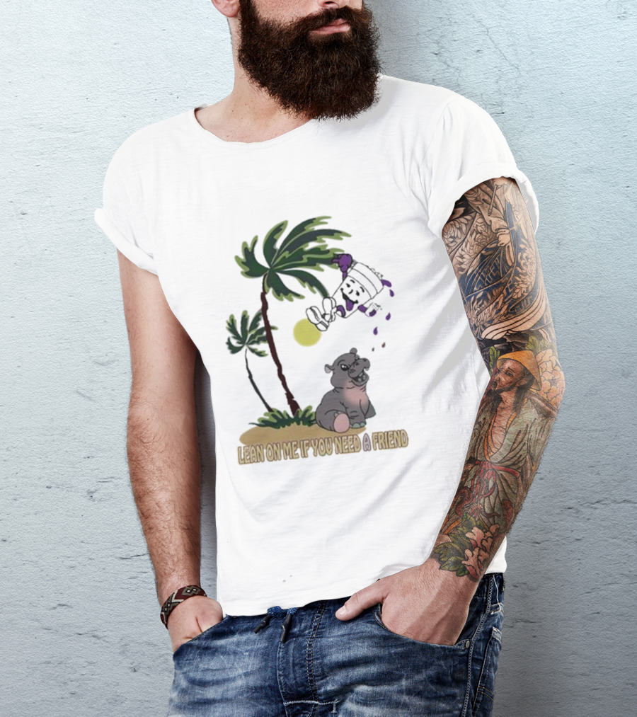 Grapejuiceboys Lean On Me If You Need A Friend Moo Deng Palm Tree Tropical Scene T-Shirt