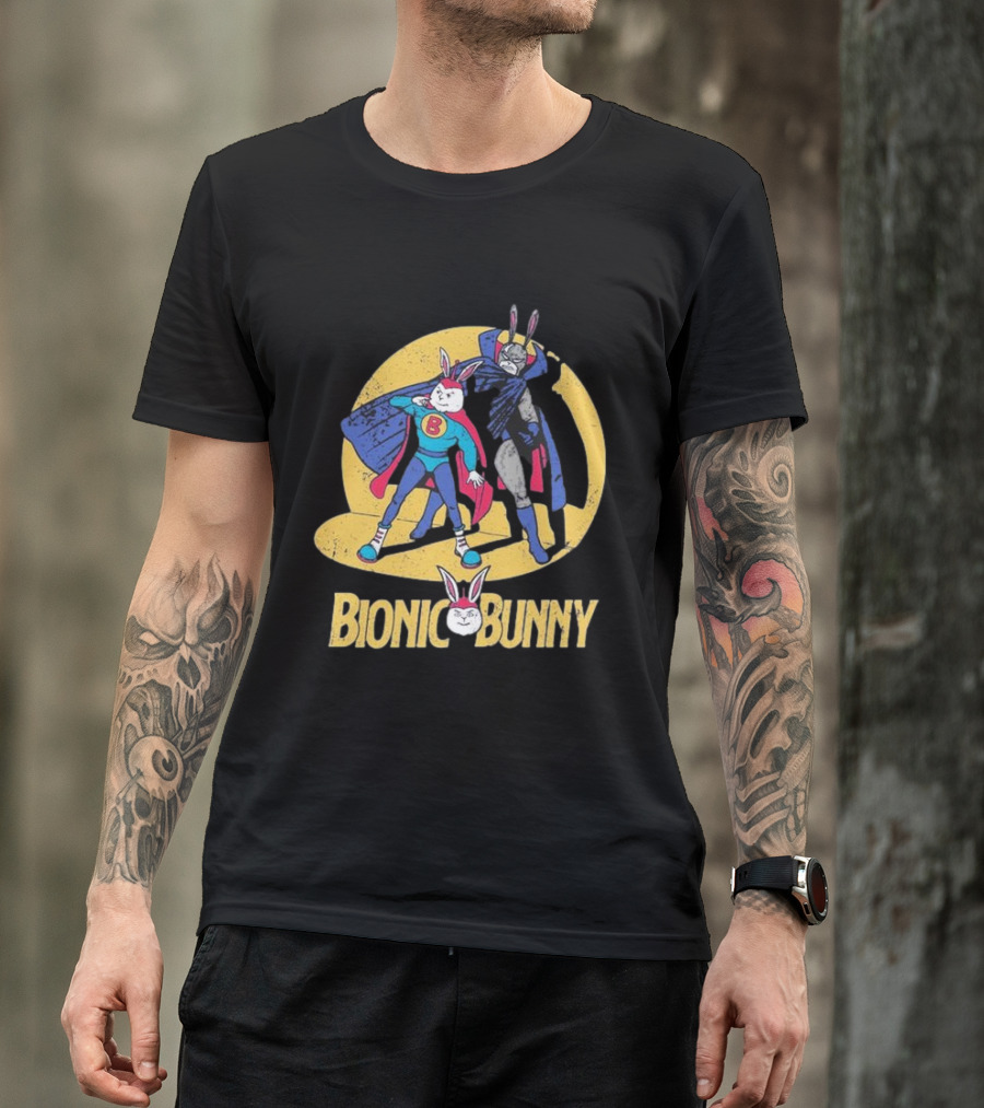 Bionic Bunny Superhero Duo With Colorful Cape And Moon Background T-Shirt