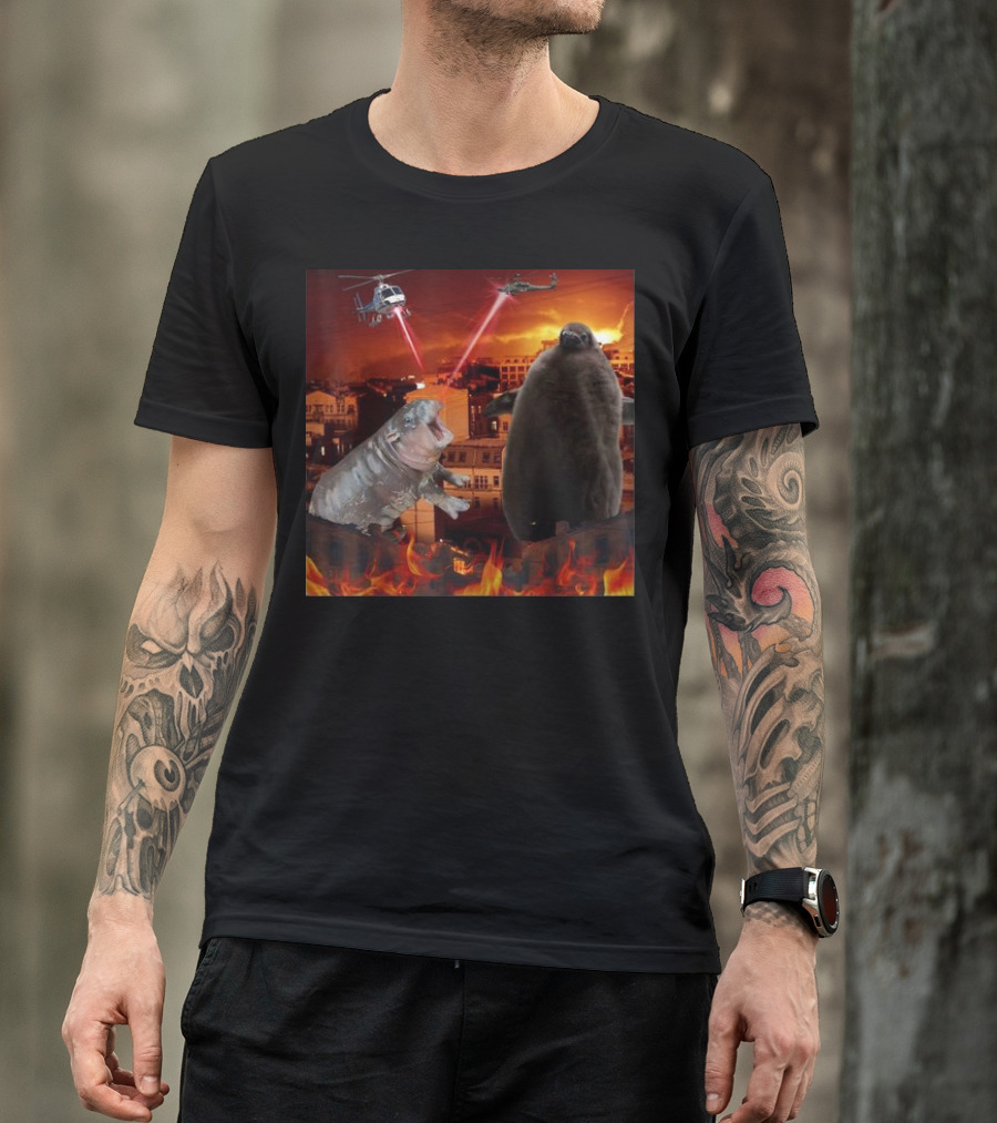 Moo Deng And Pesto Battle Urban Showdown With Helicopters And Laser Beams T-Shirt