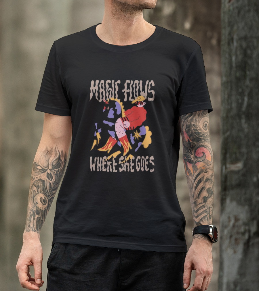 MAGIC FLOWS WHERE SHE GOES Riding A Colorful Horse In Red And Yellow T-Shirt