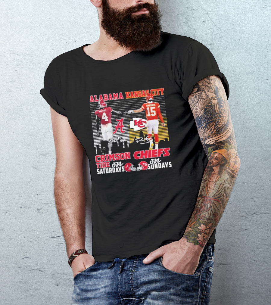 Alabama Crimson Tide Saturdays Kansas City Chiefs Sundays McIlroy 4 Mahomes 15 T-Shirt