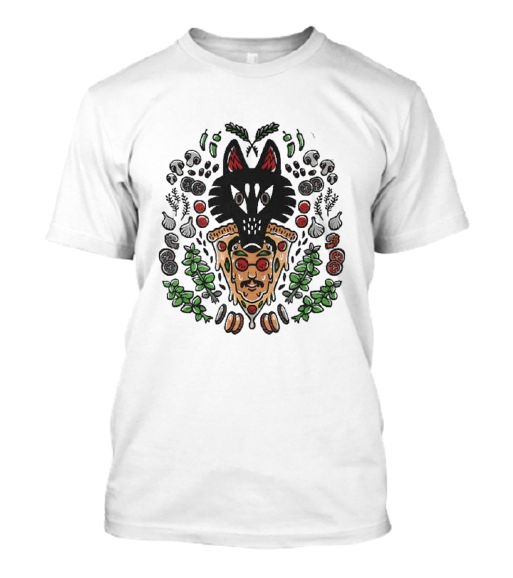 Wolf Pizza John Pizzamas Garlic Mushroom Herb Iconography T-Shirt