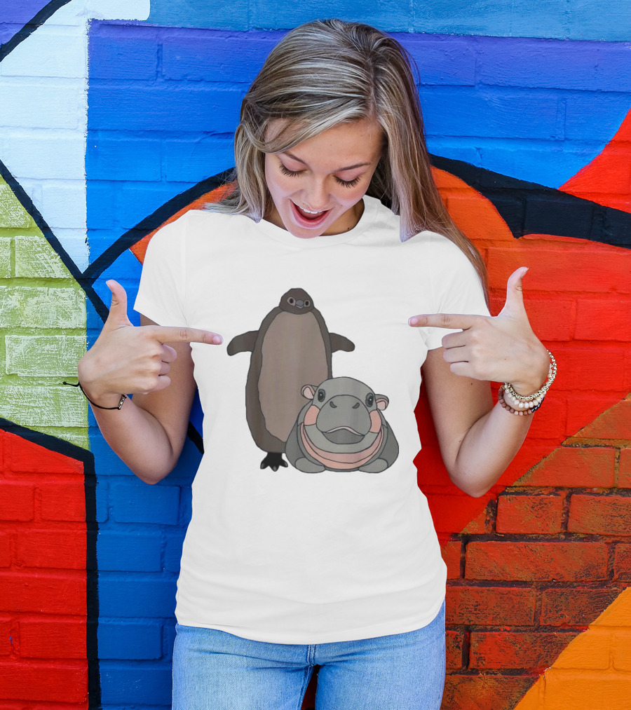 Pesto The Penguin And Moo Deng The Baby Hippo Cartoon Characters T-Shirt