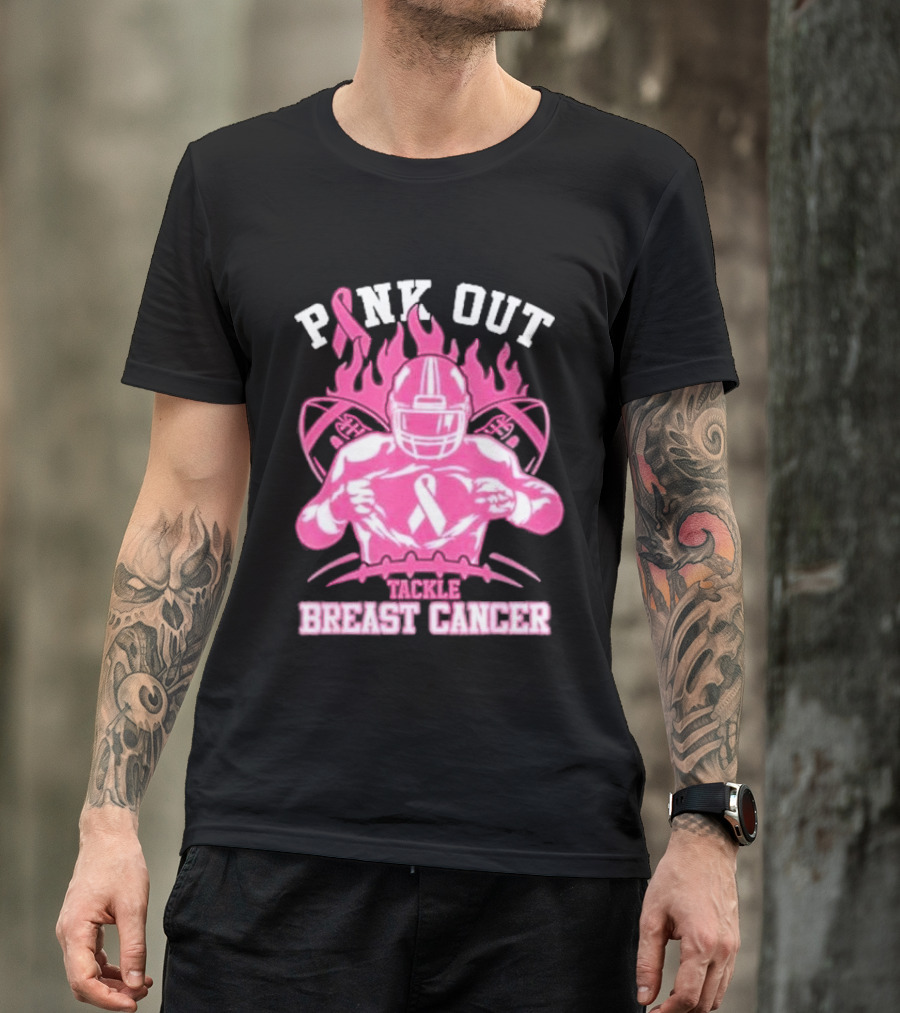 Pink Out Tackle Breast Cancer Awareness Football Player Ribbon Flames T-Shirt